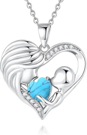 FANCIME Mom Birthstone Necklace Mother and Child Love Heart Necklace I Love You Mom Gifts Mothers Day Birthstone Jewelry Gifts for Grandmother Women Wife, 16" 2" Inches