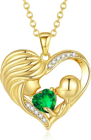 FANCIME Mom Birthstone Necklace Mother and Child Love Heart Necklace I Love You Mom Gifts Mothers Day Birthstone Jewelry Gifts for Grandmother Women Wife, 16" 2" Inches