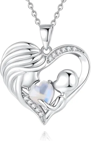 FANCIME Mom Birthstone Necklace Mother and Child Love Heart Necklace I Love You Mom Gifts Mothers Day Birthstone Jewelry Gifts for Grandmother Women Wife, 16" 2" Inches
