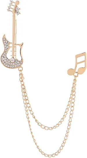 Fashion Guitar Long Chain Lapel Brooch Pin with Music Note Rhinestone Musical Instrument Tassel Pins for Women Girls Men Suit Sweater Coat Jacket Backpack Brooches Pins Musician Party Clothes Accessories Jewelry Gifts