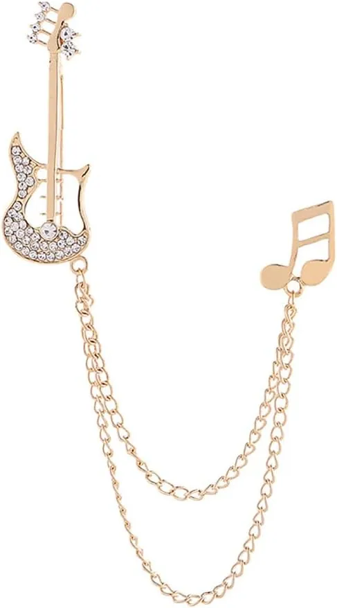 Fashion Guitar Long Chain Lapel Brooch Pin with Music Note Rhinestone Musical Instrument Tassel Pins for Women Girls Men Suit Sweater Coat Jacket Backpack Brooches Pins Musician Party Clothes Accessories Jewelry Gifts