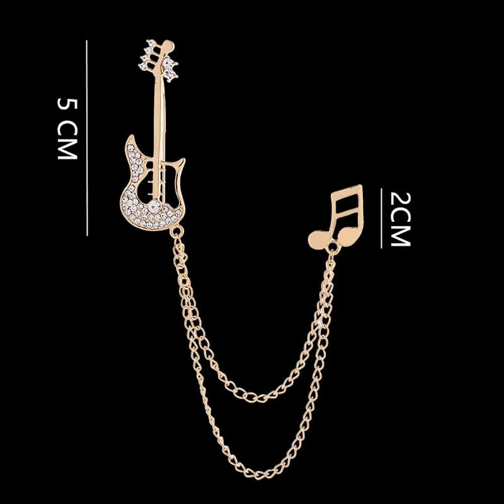 Fashion Guitar Long Chain Lapel Brooch Pin with Music Note Rhinestone Musical Instrument Tassel Pins for Women Girls Men Suit Sweater Coat Jacket Backpack Brooches Pins Musician Party Clothes Accessories Jewelry Gifts