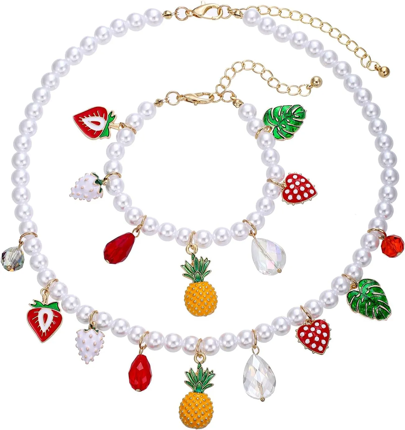 Faux Pearl Necklace and Bracelet Set with Multiple Charms - Starfish, Seashell, Coral, Cherry, Strawberry and Camellia Costume Jewelry Set