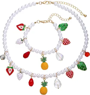 Faux Pearl Necklace and Bracelet Set with Multiple Charms - Starfish, Seashell, Coral, Cherry, Strawberry and Camellia Costume Jewelry Set