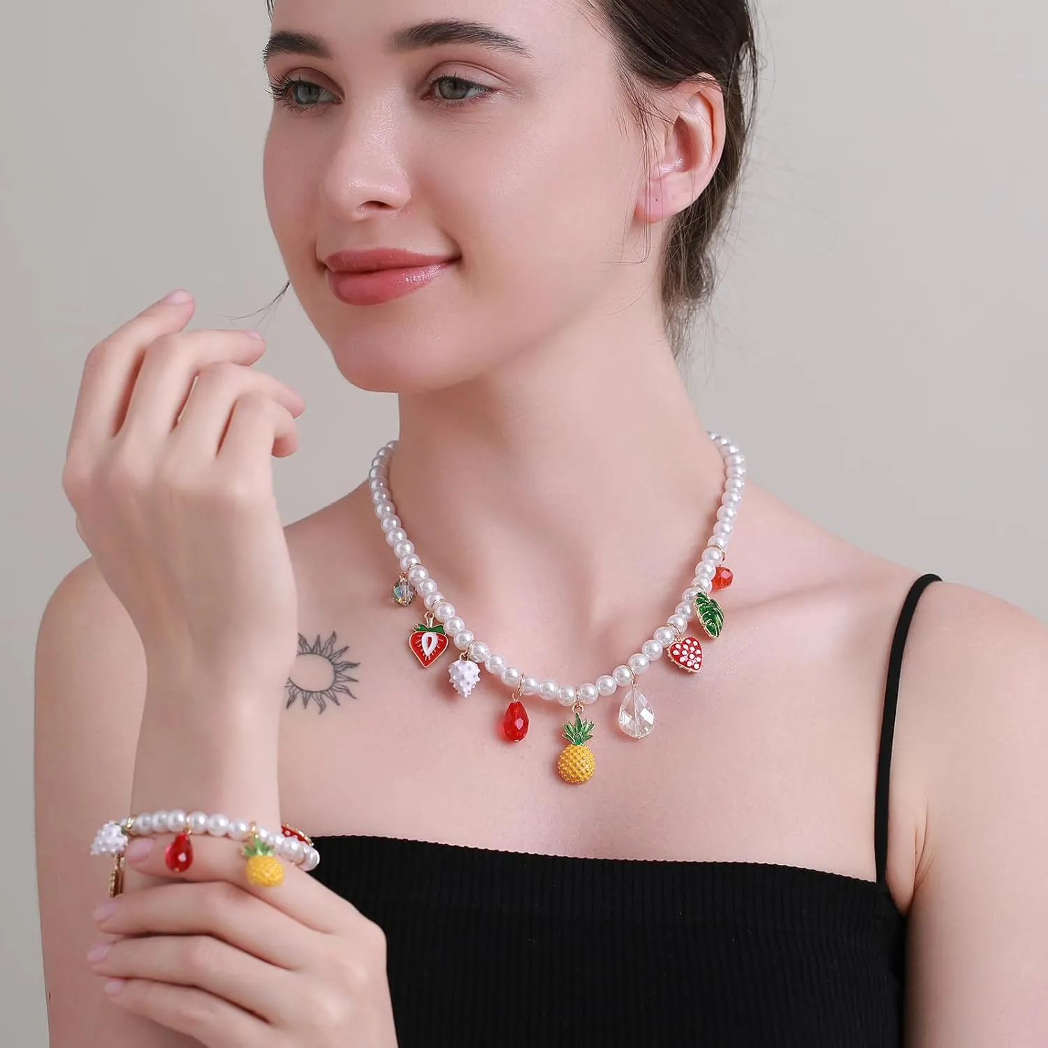 Faux Pearl Necklace and Bracelet Set with Multiple Charms - Starfish, Seashell, Coral, Cherry, Strawberry and Camellia Costume Jewelry Set