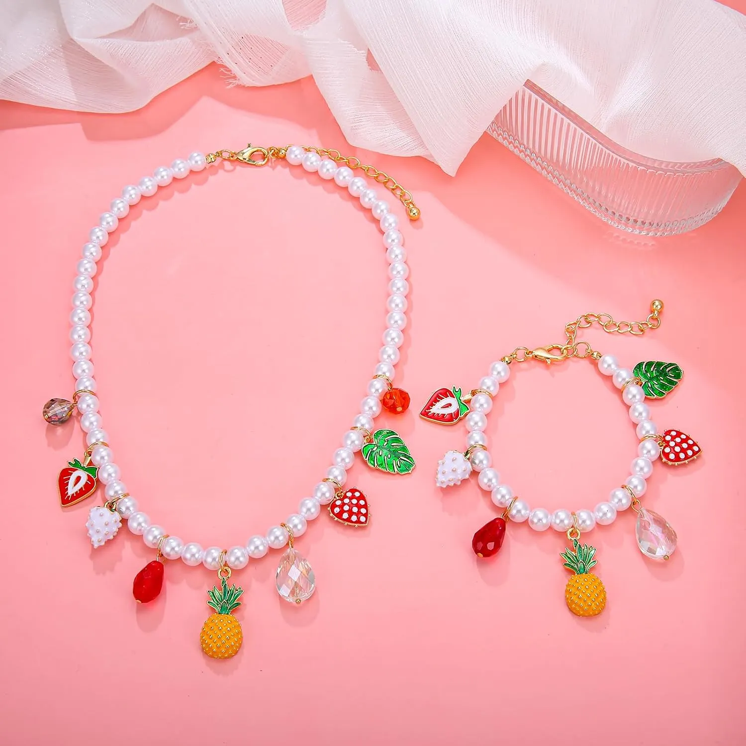 Faux Pearl Necklace and Bracelet Set with Multiple Charms - Starfish, Seashell, Coral, Cherry, Strawberry and Camellia Costume Jewelry Set