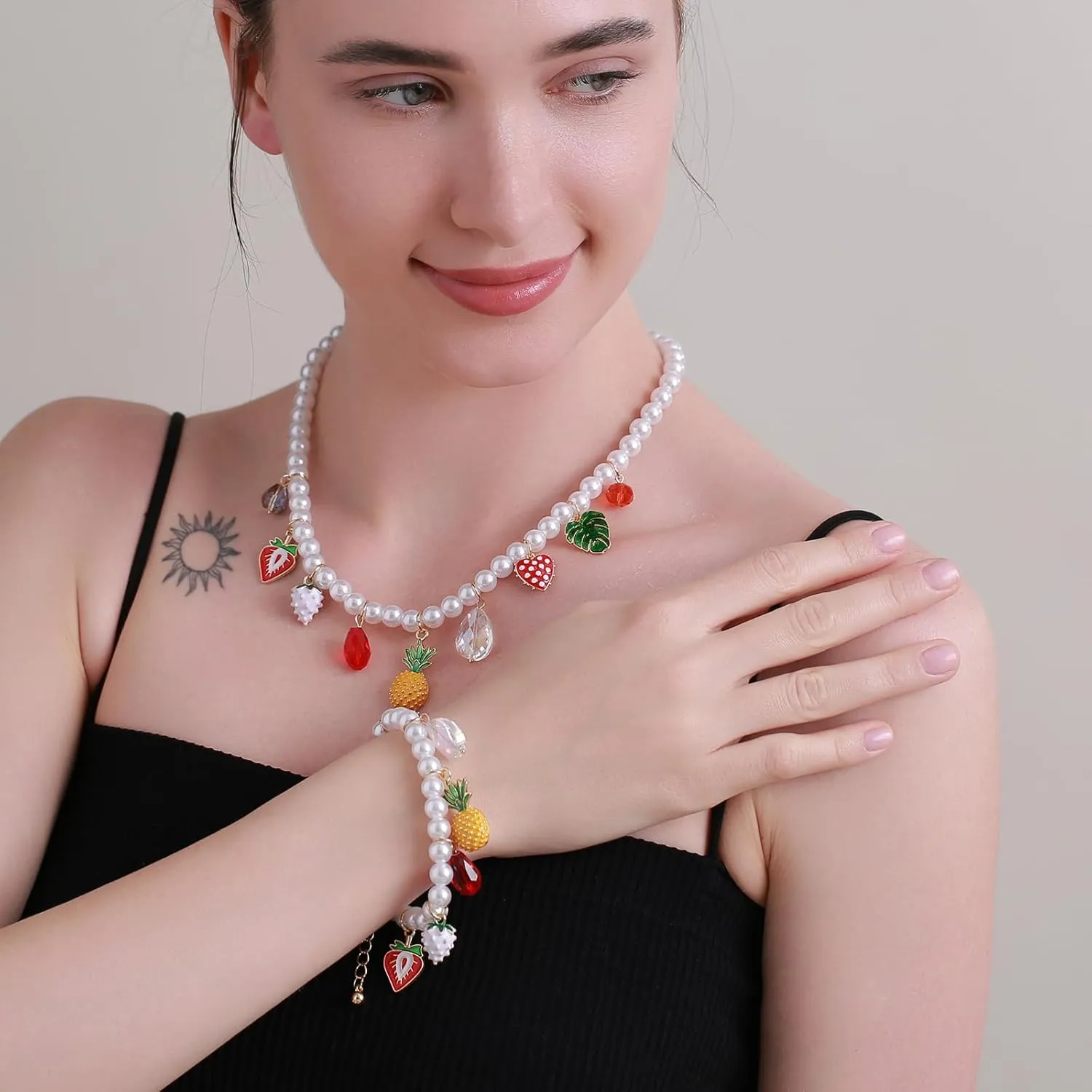 Faux Pearl Necklace and Bracelet Set with Multiple Charms - Starfish, Seashell, Coral, Cherry, Strawberry and Camellia Costume Jewelry Set