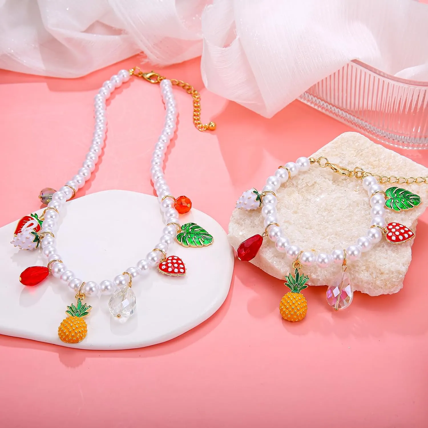 Faux Pearl Necklace and Bracelet Set with Multiple Charms - Starfish, Seashell, Coral, Cherry, Strawberry and Camellia Costume Jewelry Set