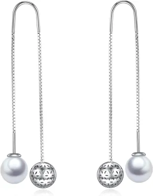 Filigree Ball Dangle Drop Earrings Sterling Silver Pearl Threader Earrings Jewelry Gifts for Women