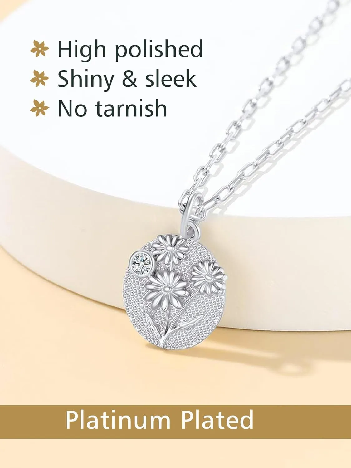 FindChic Birth Flower Necklace with Birthstone 18K Yellow Gold/Platinum/Rose Gold Plated Floral Embossed Pendant Paperclip Chain Dainty Medal Jewelry for Mom Grandma, with Gift Box