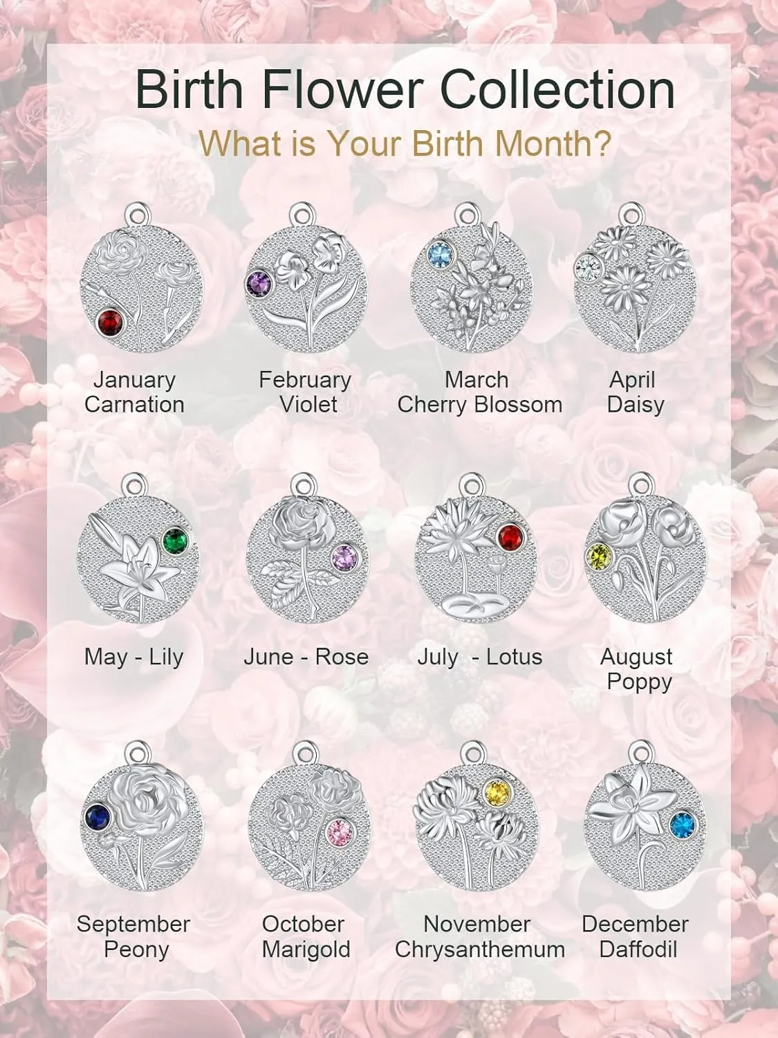 FindChic Birth Flower Necklace with Birthstone 18K Yellow Gold/Platinum/Rose Gold Plated Floral Embossed Pendant Paperclip Chain Dainty Medal Jewelry for Mom Grandma, with Gift Box