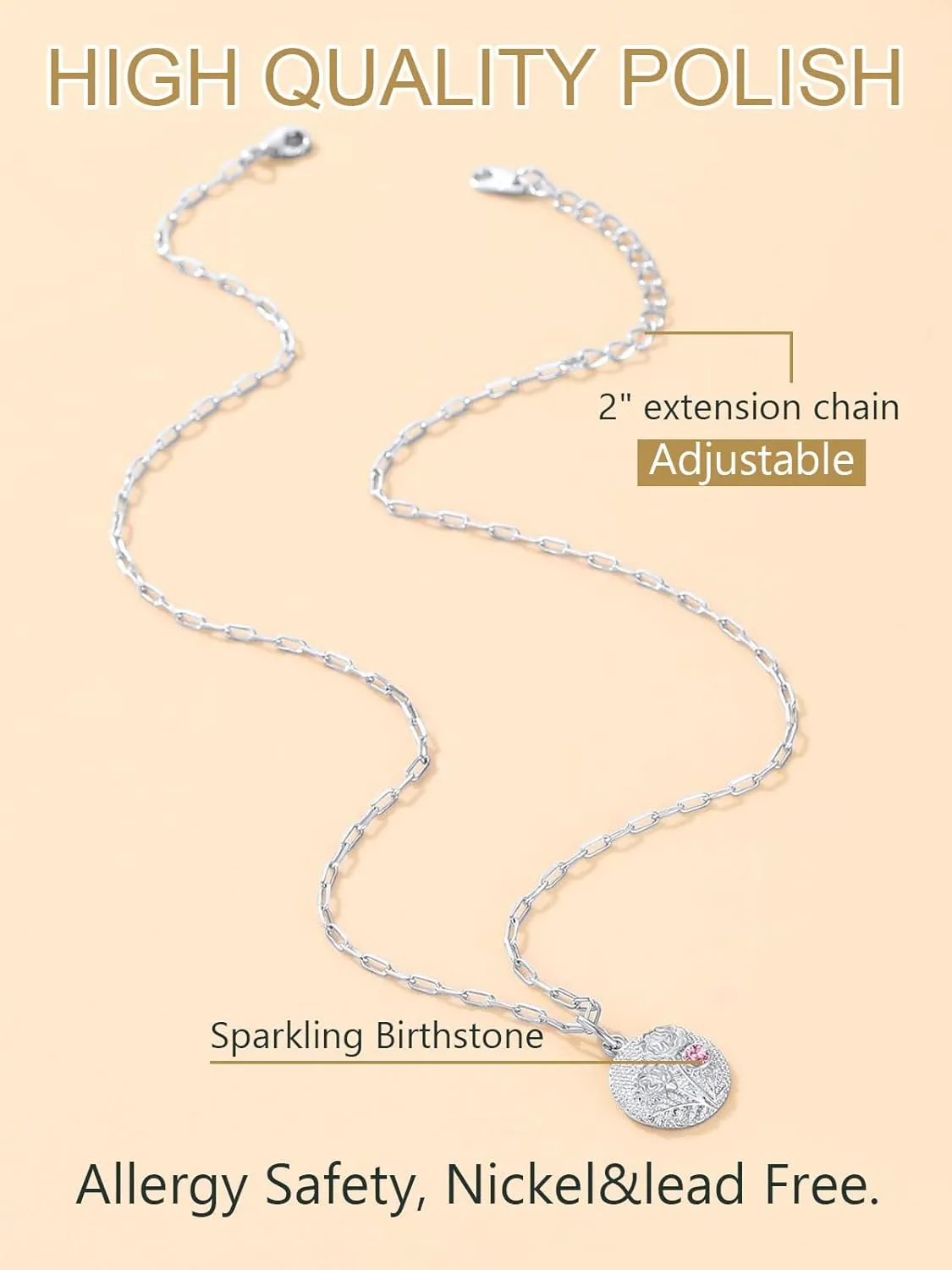 FindChic Birth Flower Necklace with Birthstone 18K Yellow Gold/Platinum/Rose Gold Plated Floral Embossed Pendant Paperclip Chain Dainty Medal Jewelry for Mom Grandma, with Gift Box