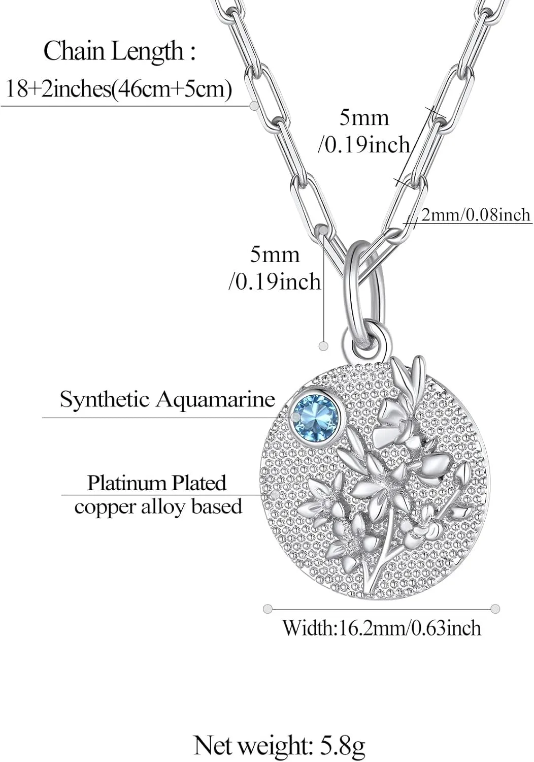 FindChic Birth Flower Necklace with Birthstone 18K Yellow Gold/Platinum/Rose Gold Plated Floral Embossed Pendant Paperclip Chain Dainty Medal Jewelry for Mom Grandma, with Gift Box