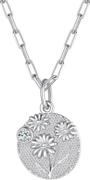 FindChic Birth Flower Necklace with Birthstone 18K Yellow Gold/Platinum/Rose Gold Plated Floral Embossed Pendant Paperclip Chain Dainty Medal Jewelry for Mom Grandma, with Gift Box