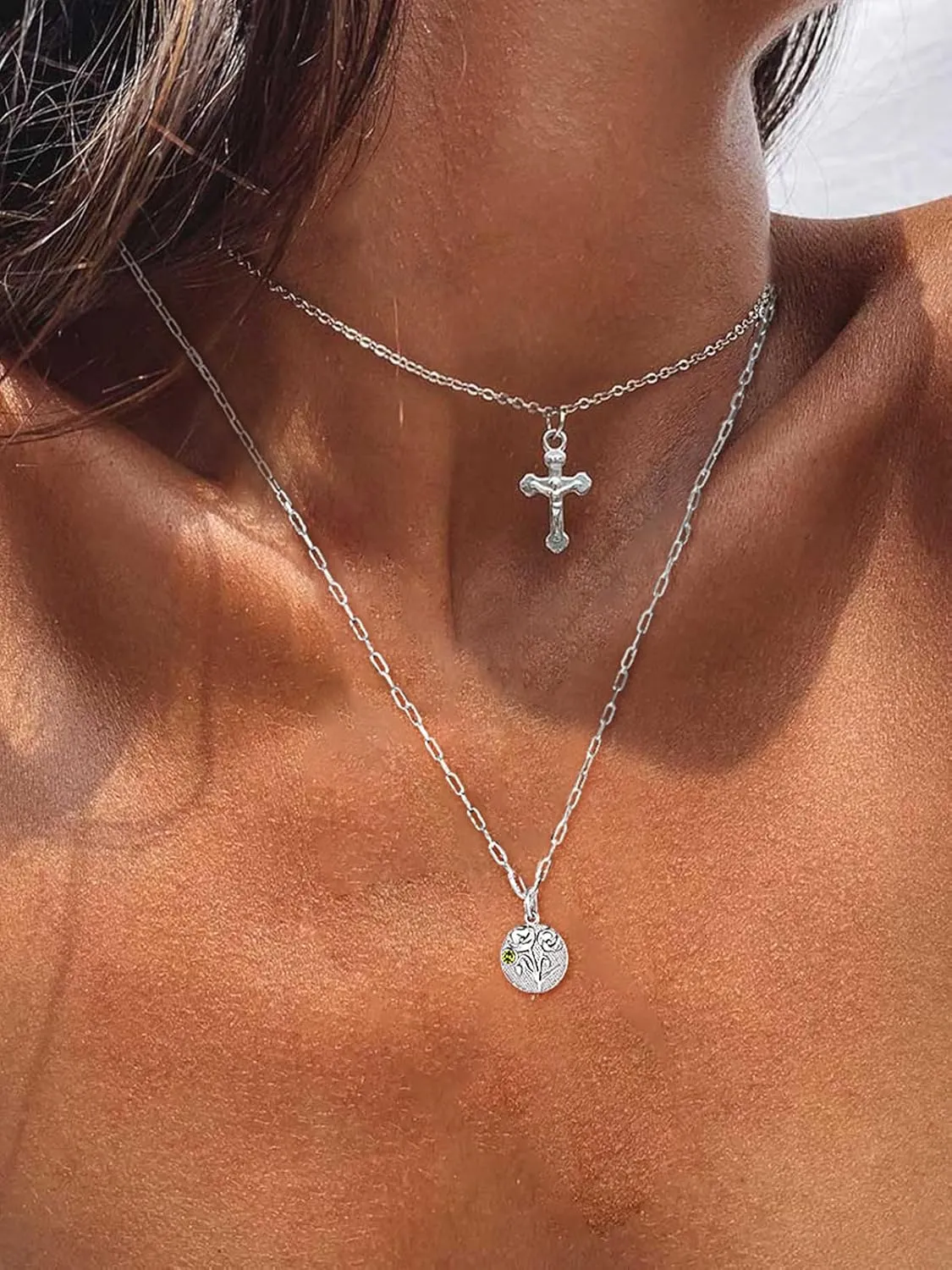 FindChic Birth Flower Necklace with Birthstone 18K Yellow Gold/Platinum/Rose Gold Plated Floral Embossed Pendant Paperclip Chain Dainty Medal Jewelry for Mom Grandma, with Gift Box