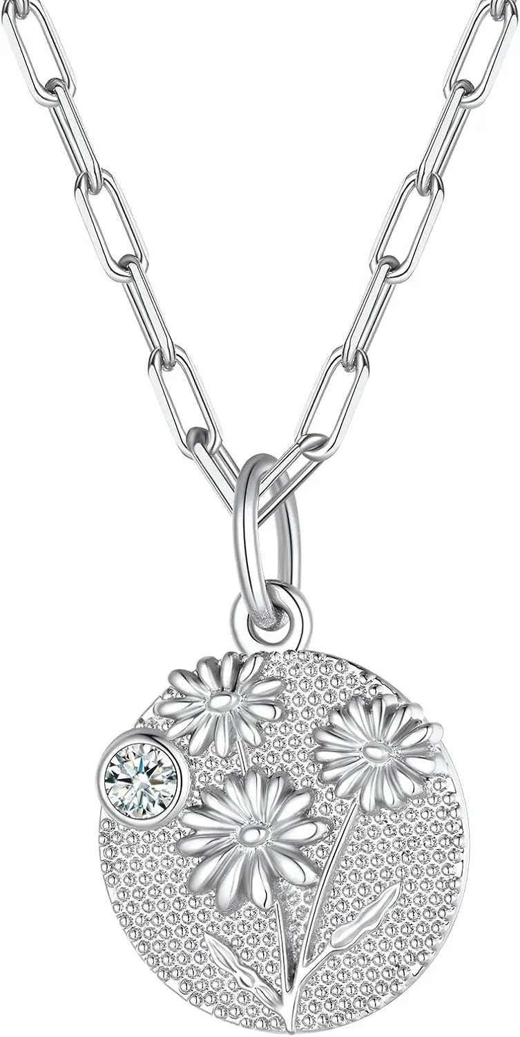 FindChic Birth Flower Necklace with Birthstone 18K Yellow Gold/Platinum/Rose Gold Plated Floral Embossed Pendant Paperclip Chain Dainty Medal Jewelry for Mom Grandma, with Gift Box