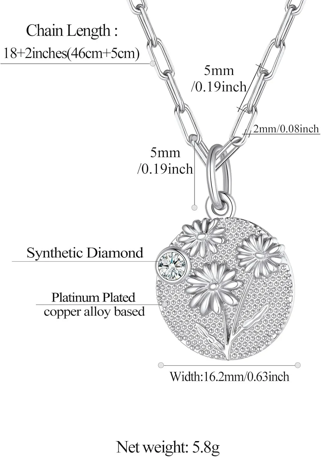 FindChic Birth Flower Necklace with Birthstone 18K Yellow Gold/Platinum/Rose Gold Plated Floral Embossed Pendant Paperclip Chain Dainty Medal Jewelry for Mom Grandma, with Gift Box