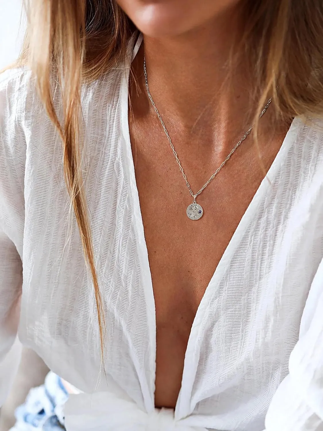 FindChic Birth Flower Necklace with Birthstone 18K Yellow Gold/Platinum/Rose Gold Plated Floral Embossed Pendant Paperclip Chain Dainty Medal Jewelry for Mom Grandma, with Gift Box