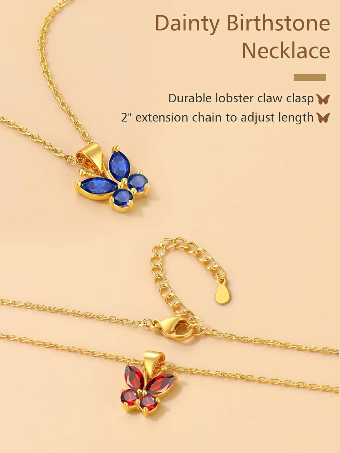 FindChic Dainty Butterfly Necklace with Birthstones Gold Plated Pendant 16'' Chain Birthday Jewelry Gift for Girlfriend Mom Daughter, with Gift Box