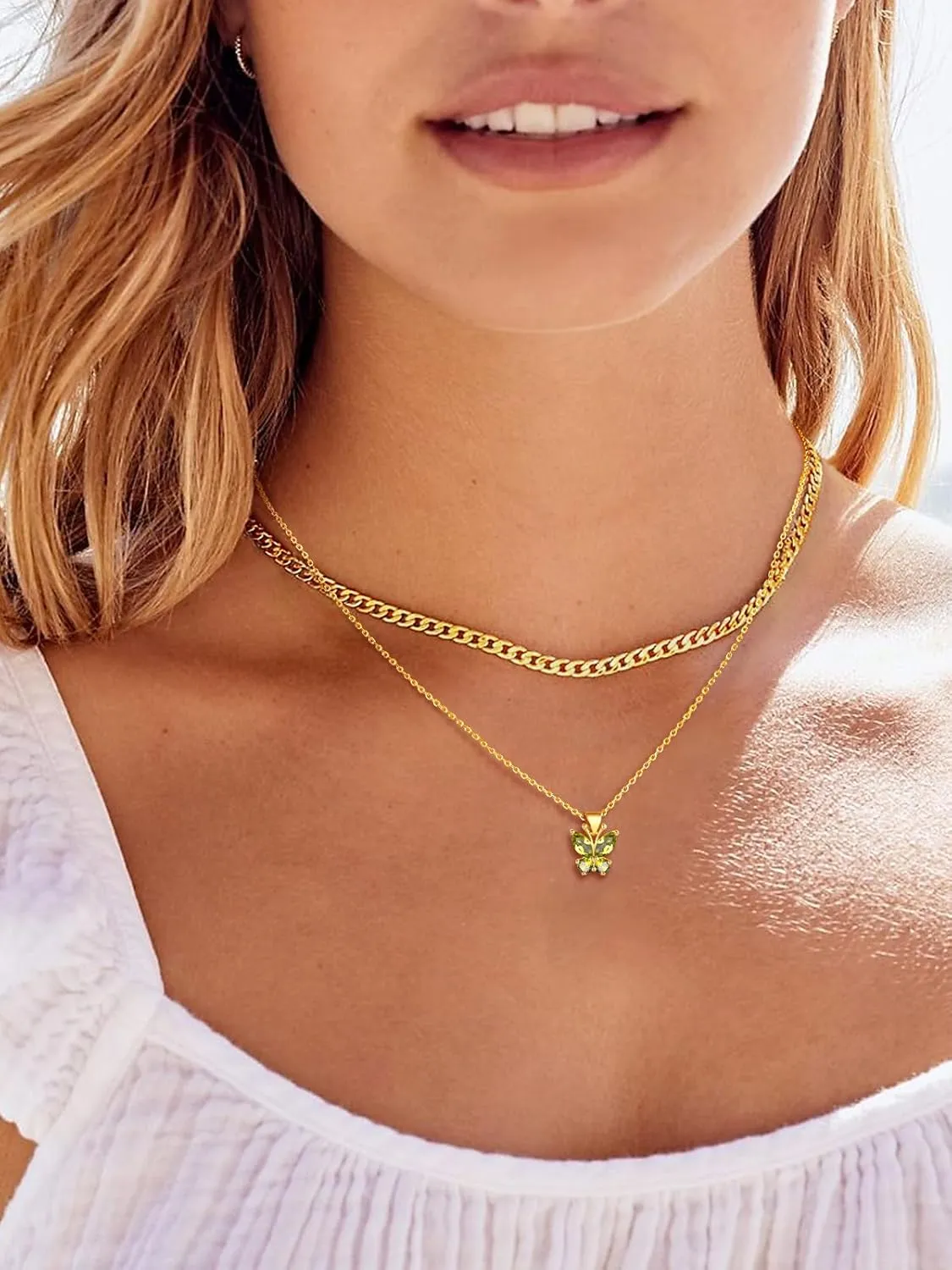 FindChic Dainty Butterfly Necklace with Birthstones Gold Plated Pendant 16'' Chain Birthday Jewelry Gift for Girlfriend Mom Daughter, with Gift Box