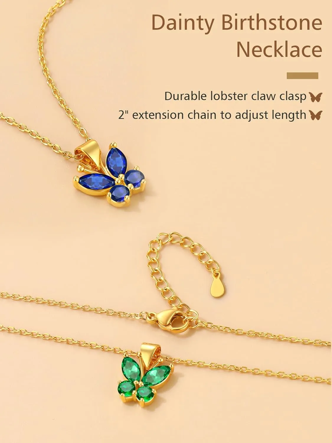 FindChic Dainty Butterfly Necklace with Birthstones Gold Plated Pendant 16'' Chain Birthday Jewelry Gift for Girlfriend Mom Daughter, with Gift Box