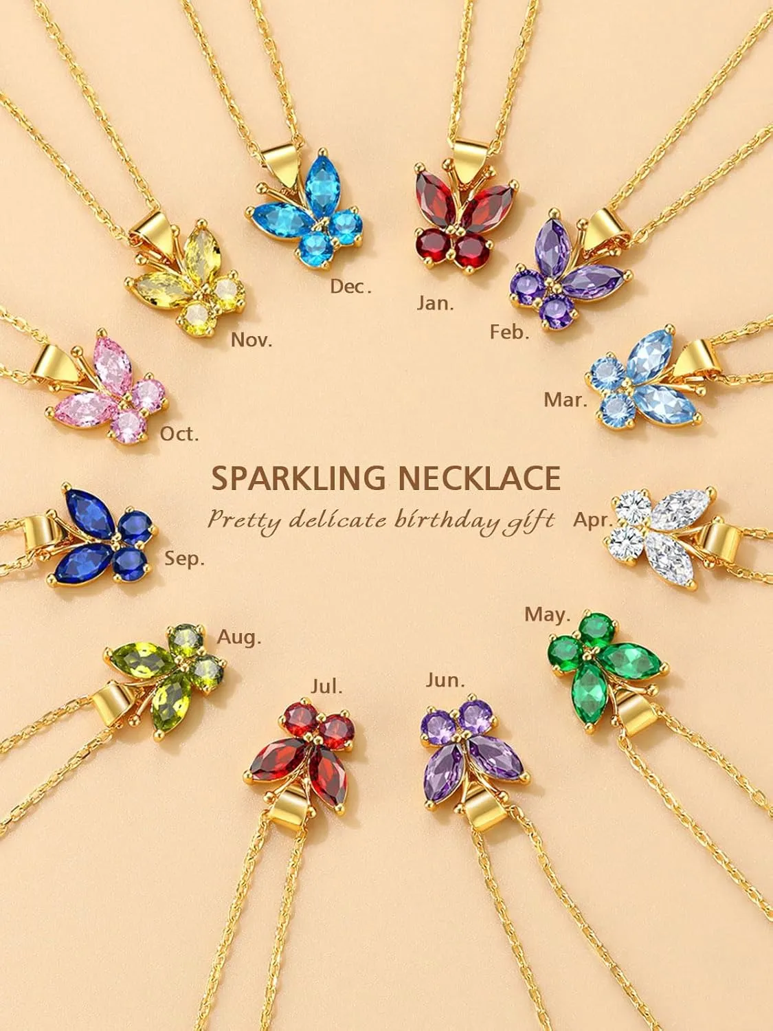 FindChic Dainty Butterfly Necklace with Birthstones Gold Plated Pendant 16'' Chain Birthday Jewelry Gift for Girlfriend Mom Daughter, with Gift Box