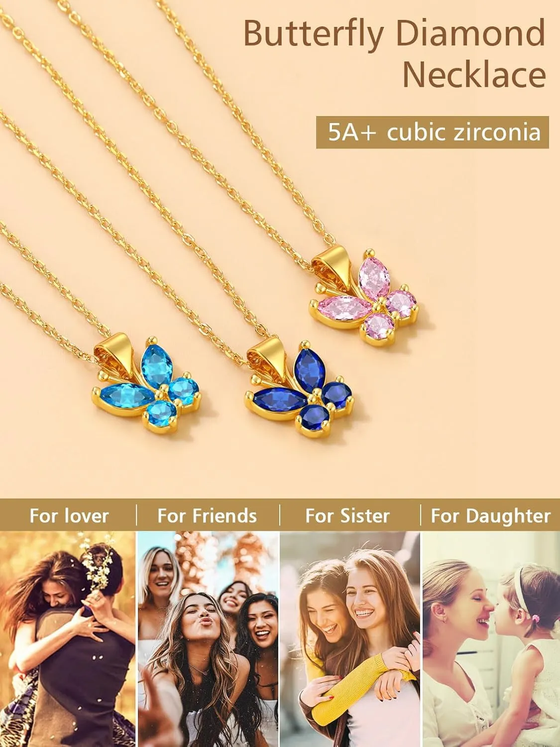 FindChic Dainty Butterfly Necklace with Birthstones Gold Plated Pendant 16'' Chain Birthday Jewelry Gift for Girlfriend Mom Daughter, with Gift Box