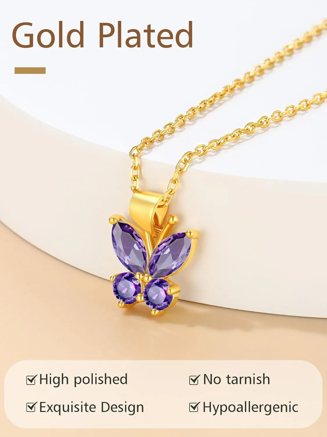 FindChic Dainty Butterfly Necklace with Birthstones Gold Plated Pendant 16'' Chain Birthday Jewelry Gift for Girlfriend Mom Daughter, with Gift Box