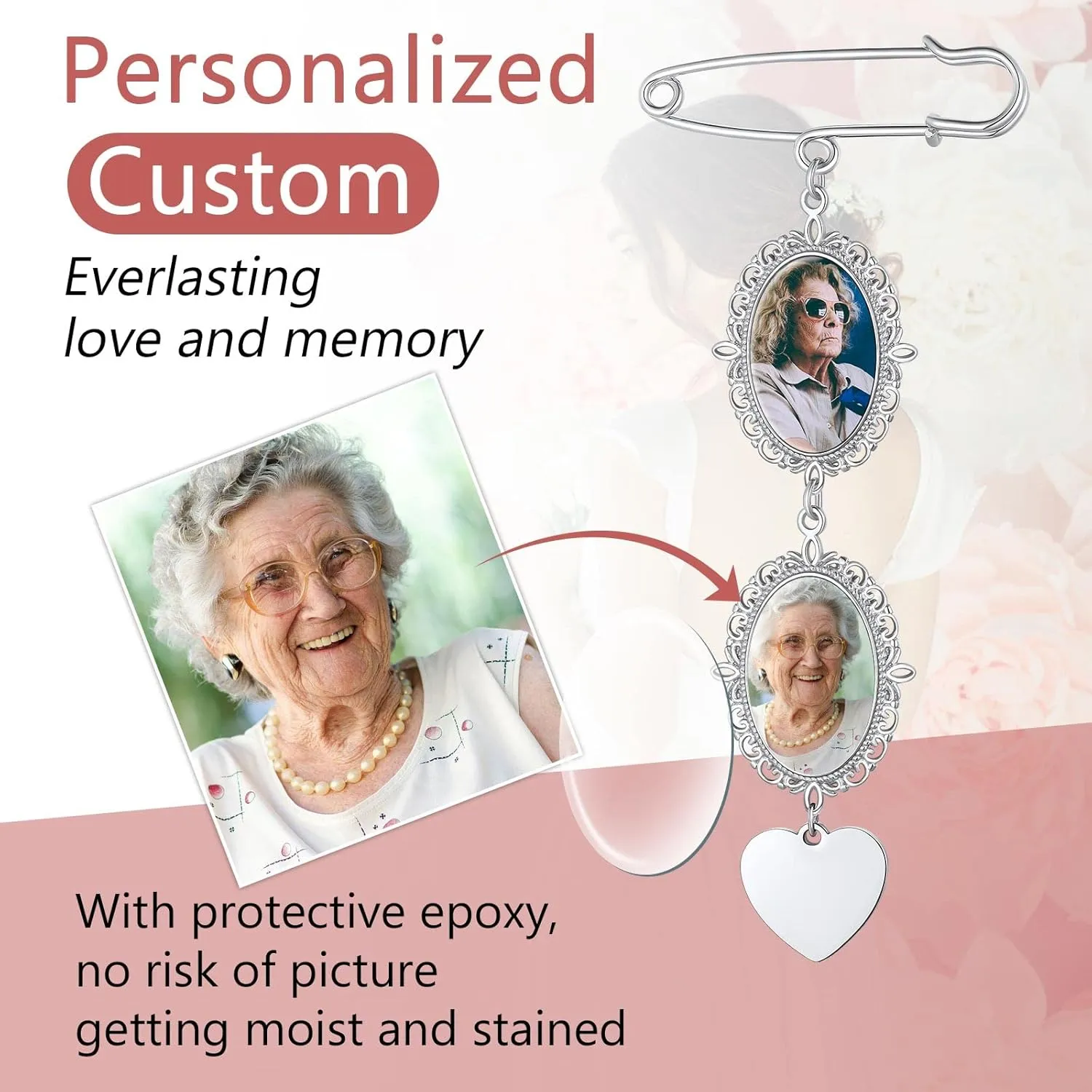 FindChic Personalized 1/2/3/4 Wedding Boutonniere Photo Charms Bouquet Pins Stainless Steel/18K Gold Plated Memorial Customized Heart/Round/Oval Picture Frames Brooch Decoration Accessories   Gift Box