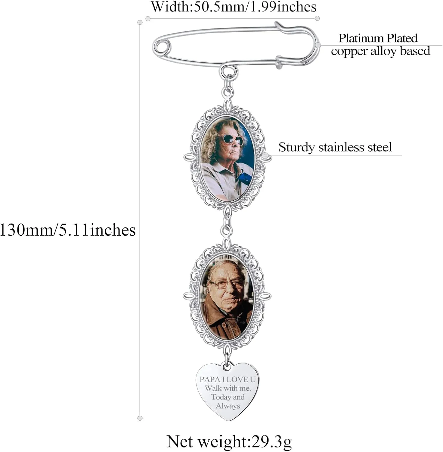 FindChic Personalized 1/2/3/4 Wedding Boutonniere Photo Charms Bouquet Pins Stainless Steel/18K Gold Plated Memorial Customized Heart/Round/Oval Picture Frames Brooch Decoration Accessories   Gift Box