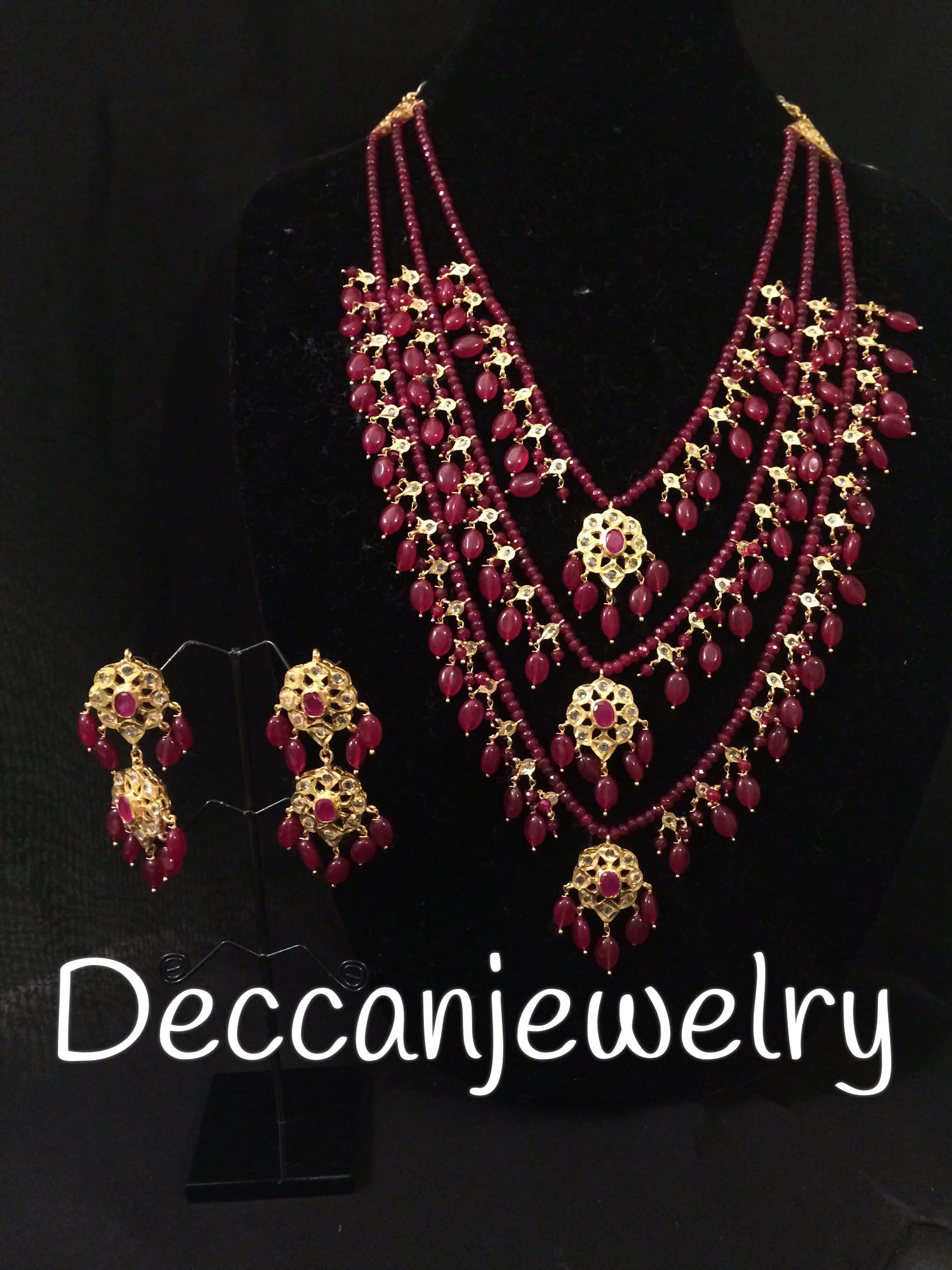 Fiona ruby beaded three layer necklace with earrings ( SHIPS IN 4 WEEKS )