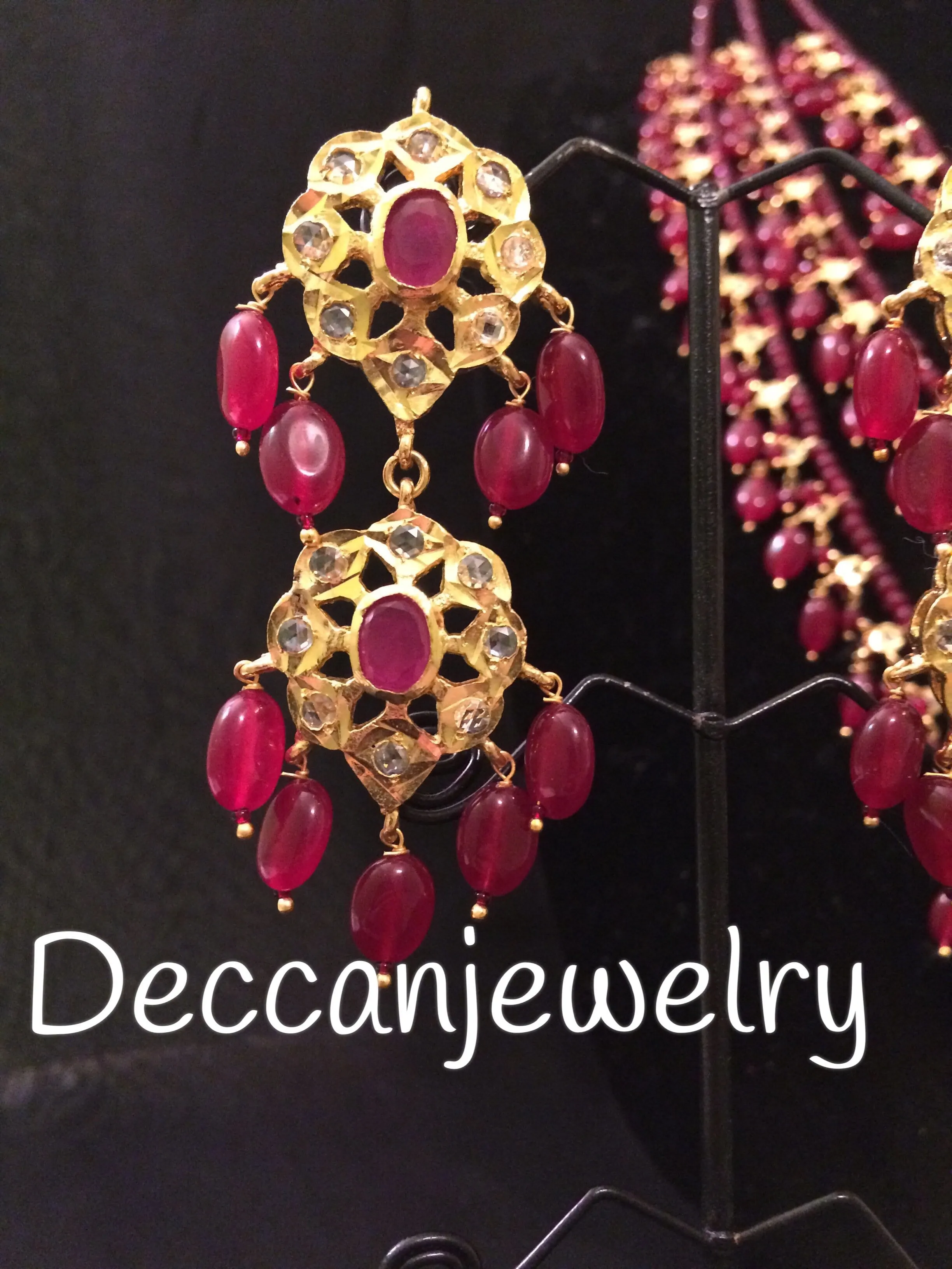 Fiona ruby beaded three layer necklace with earrings ( SHIPS IN 4 WEEKS )