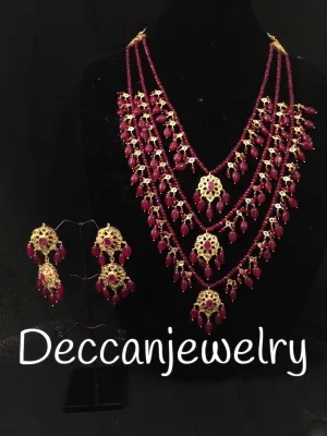 Fiona ruby beaded three layer necklace with earrings ( SHIPS IN 4 WEEKS )
