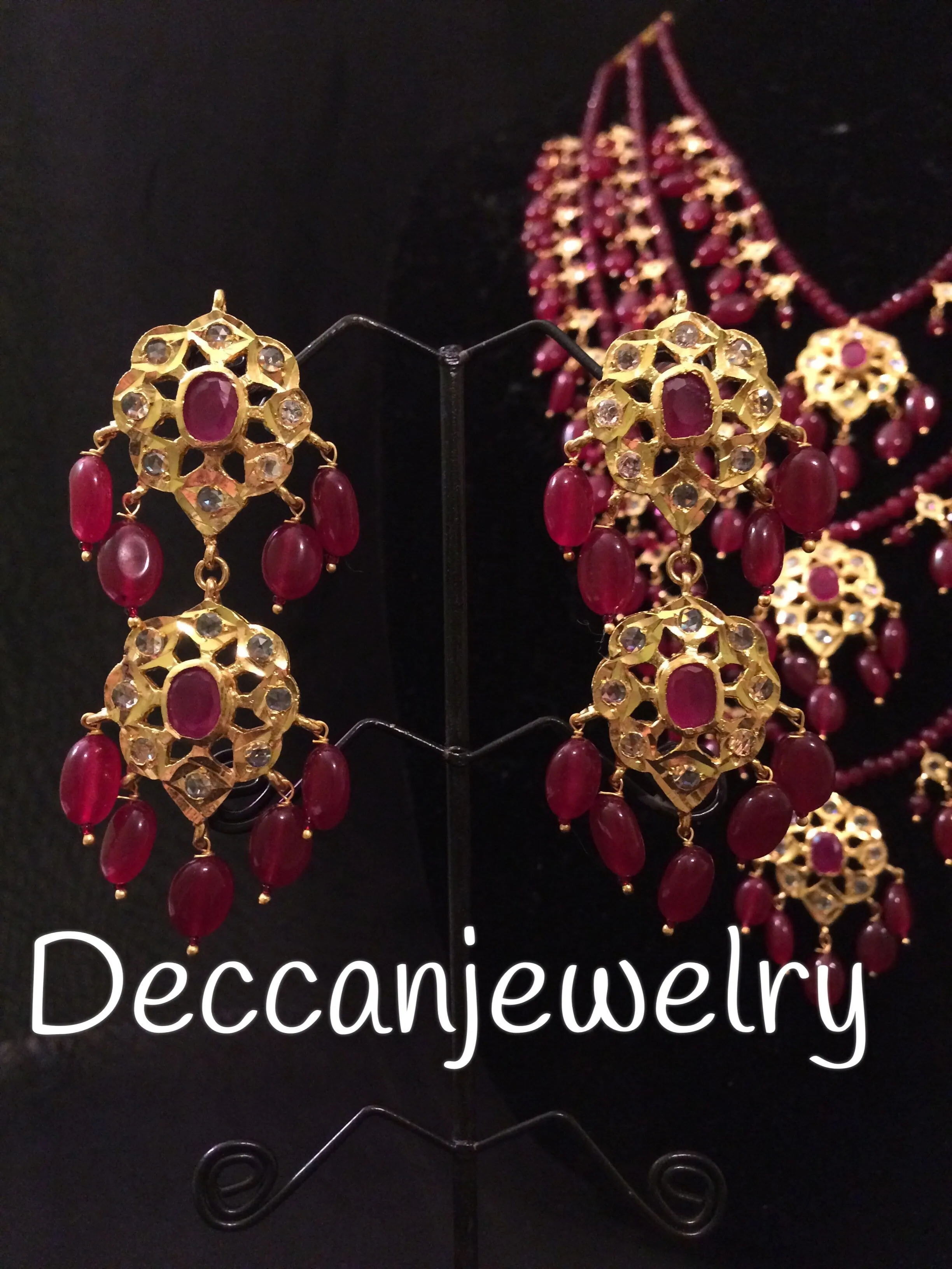 Fiona ruby beaded three layer necklace with earrings ( SHIPS IN 4 WEEKS )