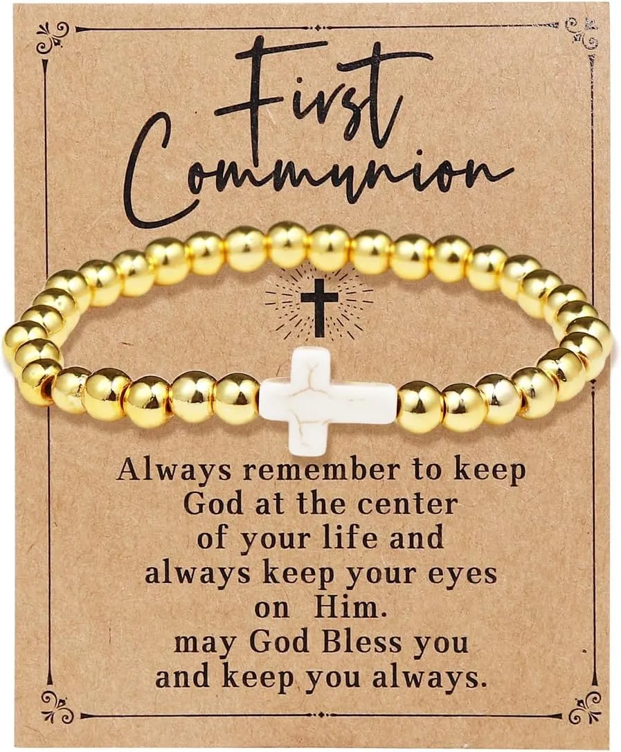 First Communion/Confirmation Gifts Cross Charm Pearl Bead Stretch Bracelets Religious Christian Inspirational Faith Jewelry for Women Girls Teen Christmas Easter Baptism Gifts