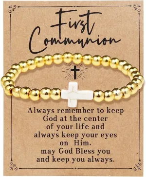 First Communion/Confirmation Gifts Cross Charm Pearl Bead Stretch Bracelets Religious Christian Inspirational Faith Jewelry for Women Girls Teen Christmas Easter Baptism Gifts