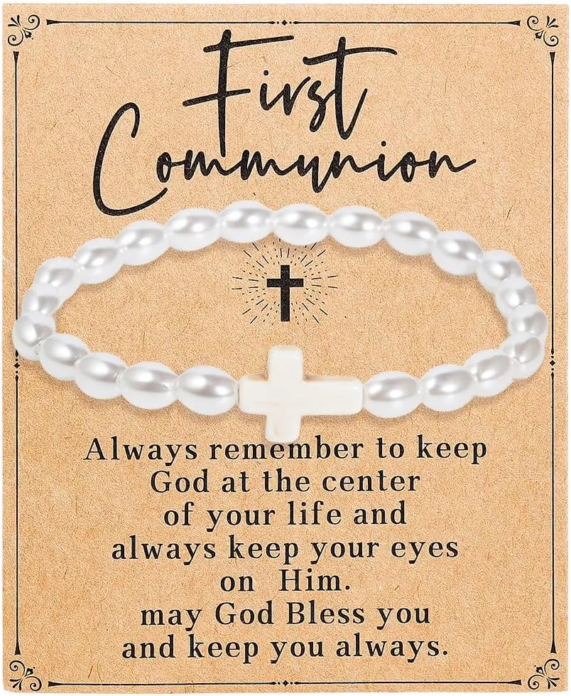 First Communion/Confirmation Gifts for Women Girls Goddaughter,Religious Christian Cross Charm Pearl Bead Bracelets Inspirational Jewelry Graduation Birthday Christmas Valentines Easter Baptism Gifts