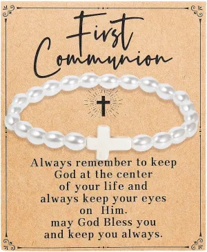 First Communion/Confirmation Gifts for Women Girls Goddaughter,Religious Christian Cross Charm Pearl Bead Bracelets Inspirational Jewelry Graduation Birthday Christmas Valentines Easter Baptism Gifts