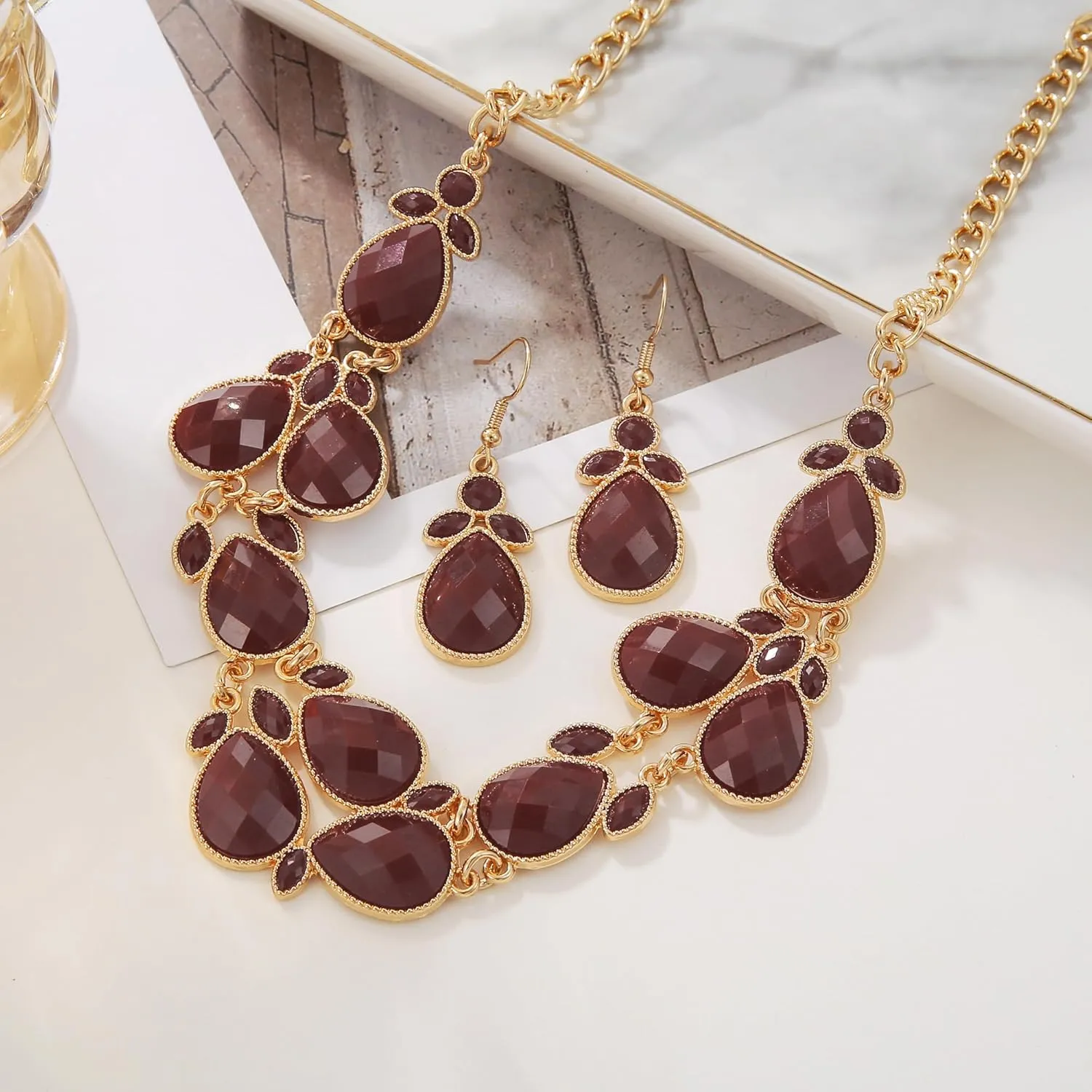 Firstmeet Shiny Resin Water Drop Collar Necklace with Earrings
