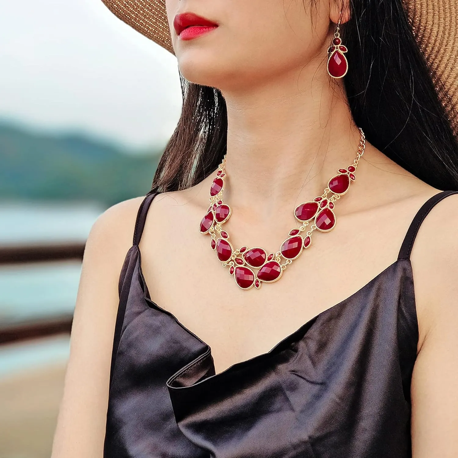 Firstmeet Shiny Resin Water Drop Collar Necklace with Earrings