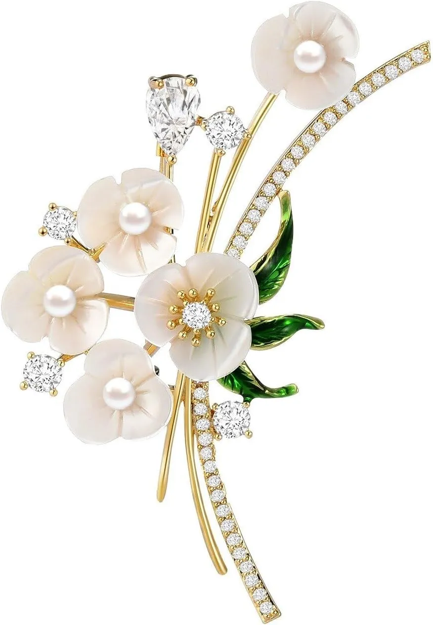 Flower Floral Pearl Brooch Rhinestone Crystal Brooch Leaf Bouquet Brooch Pin Fashion Dress Accessories Birthday Graduation Jewelry Gift For Women