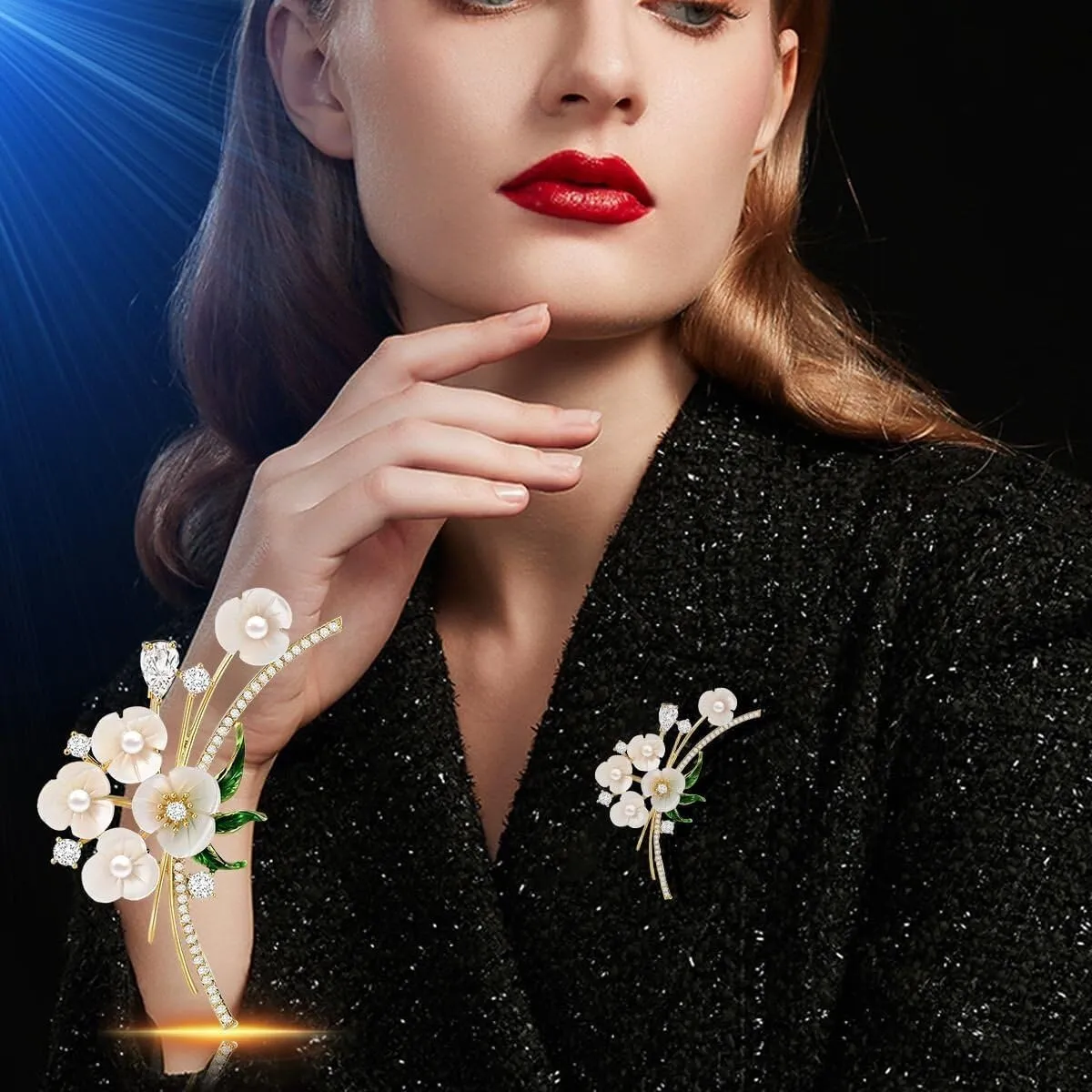 Flower Floral Pearl Brooch Rhinestone Crystal Brooch Leaf Bouquet Brooch Pin Fashion Dress Accessories Birthday Graduation Jewelry Gift For Women