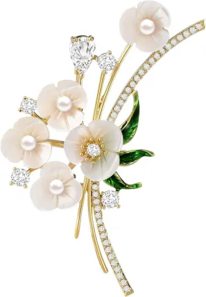 Flower Floral Pearl Brooch Rhinestone Crystal Brooch Leaf Bouquet Brooch Pin Fashion Dress Accessories Birthday Graduation Jewelry Gift For Women