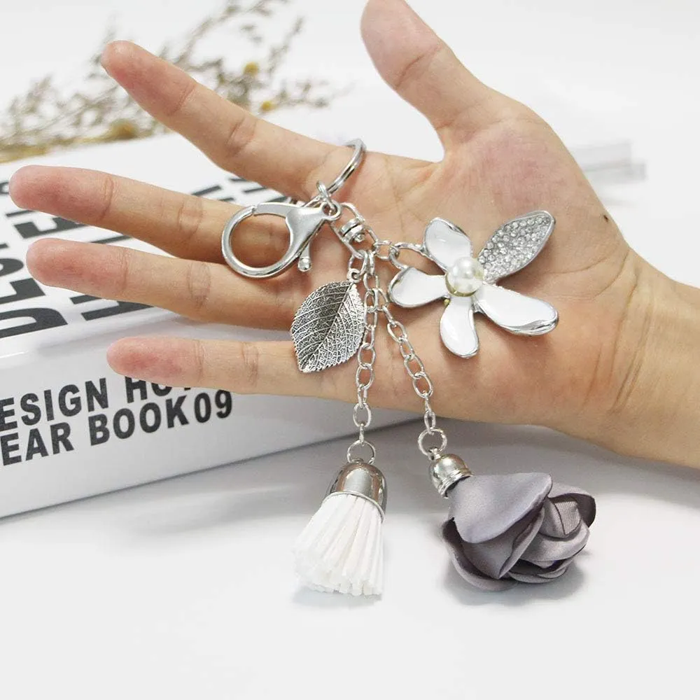 Flower Keychain Rhinestone Tassel Leaf Key Ring Women Wallet Bag Pendant Charms
