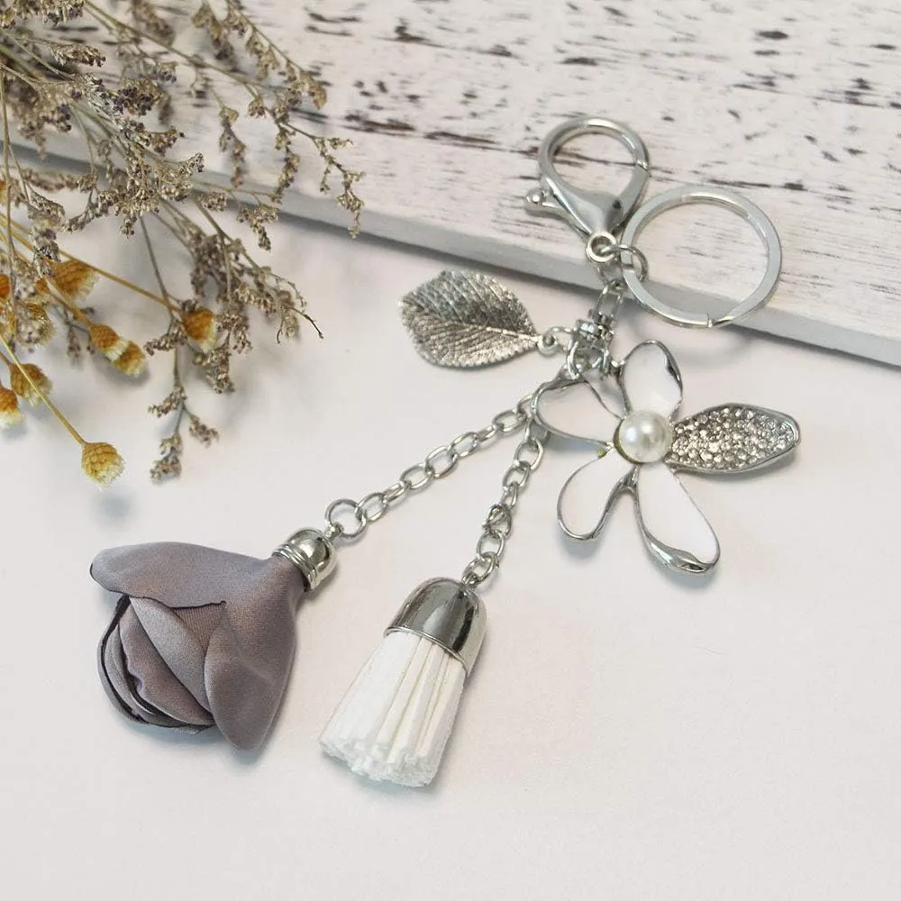 Flower Keychain Rhinestone Tassel Leaf Key Ring Women Wallet Bag Pendant Charms