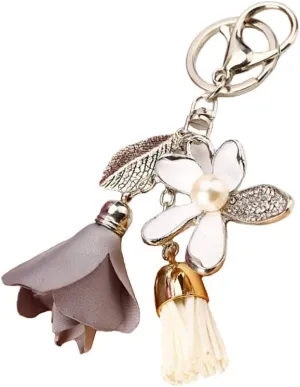 Flower Keychain Rhinestone Tassel Leaf Key Ring Women Wallet Bag Pendant Charms