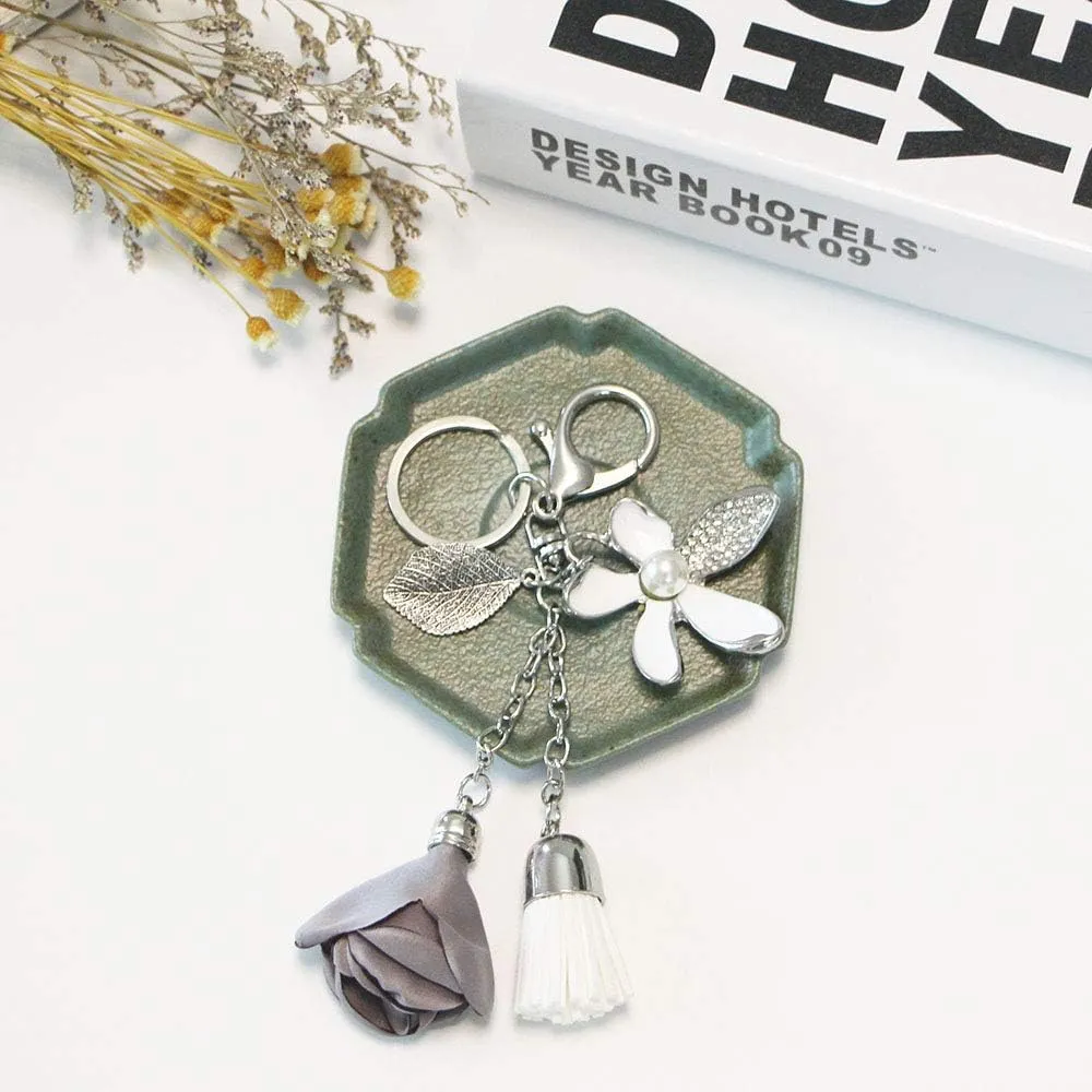 Flower Keychain Rhinestone Tassel Leaf Key Ring Women Wallet Bag Pendant Charms