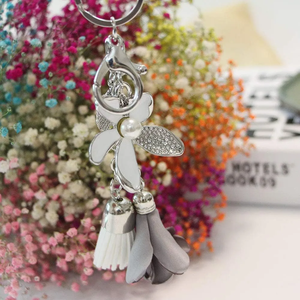 Flower Keychain Rhinestone Tassel Leaf Key Ring Women Wallet Bag Pendant Charms