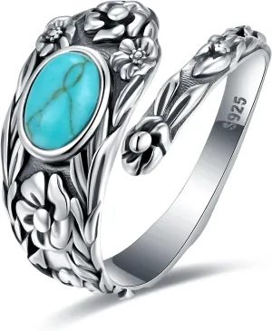 Flower Spoon Rings for Women 925 Sterling Silver Turquoise Opal Spoon Ring Jewelry Oxidized Victorian Vintage Flower Thumb Rings Adjusting 6-11