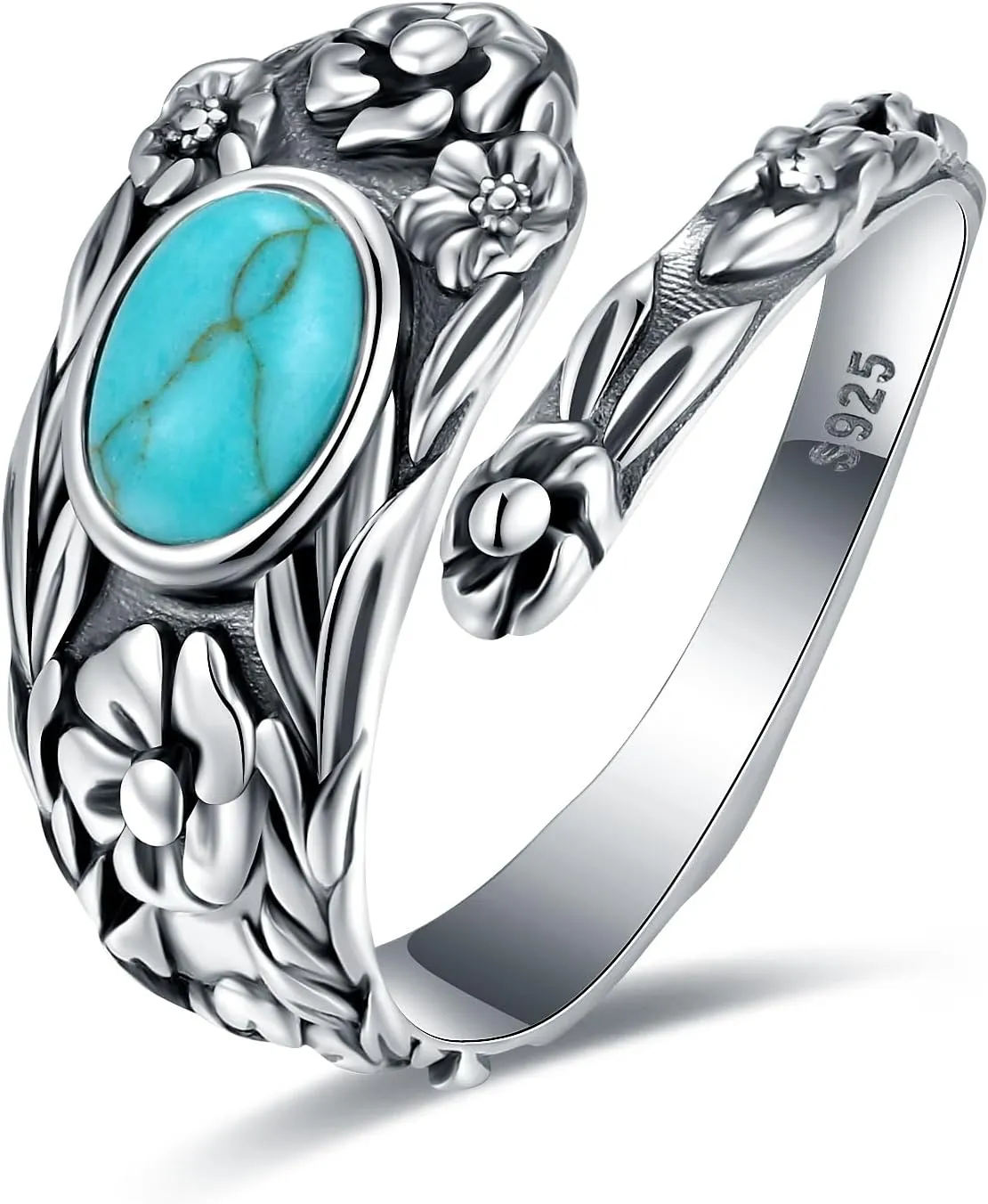 Flower Spoon Rings for Women 925 Sterling Silver Turquoise Opal Spoon Ring Jewelry Oxidized Victorian Vintage Flower Thumb Rings Adjusting 6-11